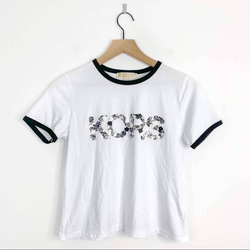 Michael Kors Floral Embellished Ringer White Shirt